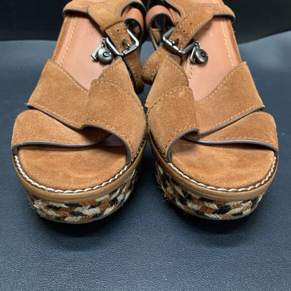 Coach Cross Band High Wedges Size 6.5B Brown Leather Suede Platform Espadrille - Picture 10 of 12
